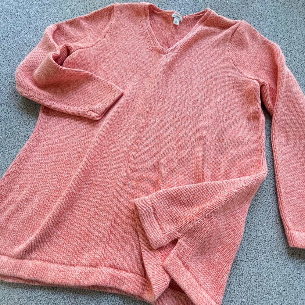 L.L. Bean Sweater Women 2X Coral V-Neck Shaker Stitch Classic Coastal Outdoorsy
